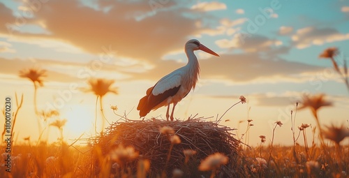 Stork Standing on Nest During Sunset in a Vibrant Meadow Filled With Flowers