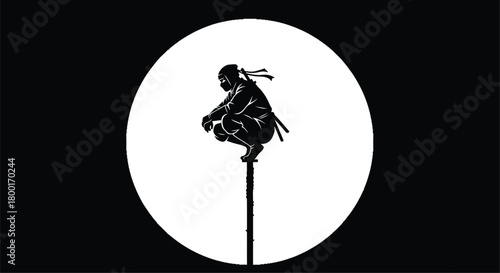A silhouette of a person balancing on a single pole against a white background