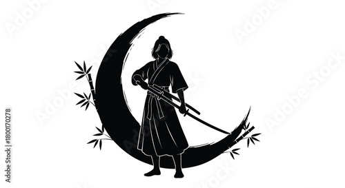 Silhouette of a samurai standing on a crescent moon with bamboo