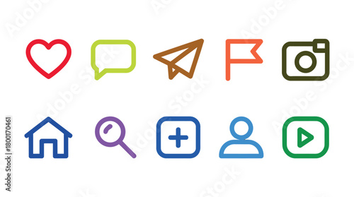 A collection of social media icons including a heart, message bubble, paper airplane, flag, camera, house, magnifying glass, plus sign, person, and play button.