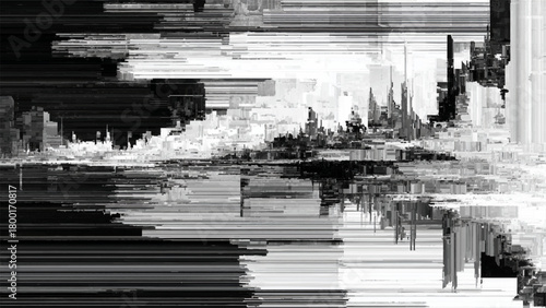Abstract cityscape image with glitch effect in black and white tones