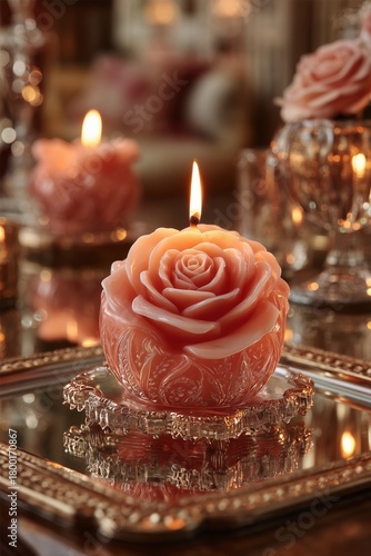 Elegant Rose-Shaped Candle Illuminating a Cozy Living Room Setting in Soft Ev...