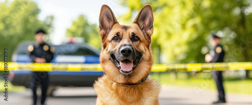 Military, police dog K9 unit. Police dog in focus with officers and patrol car in the background, emphasizing law enforcement and safety.
