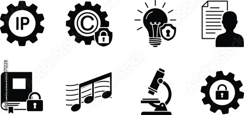 Intellectual property protection icons set, copyright and patent security symbols, creative idea, innovation, research, and digital rights management concept vector illustration