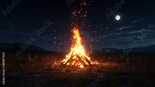 Bright Campfire Sparks Dance Under the Moonlit Sky at Night in a Tranquil Out...