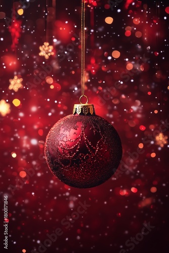 Red Christmas Ornament Against a Festive Backdrop of Sparkling Lights and Fal...