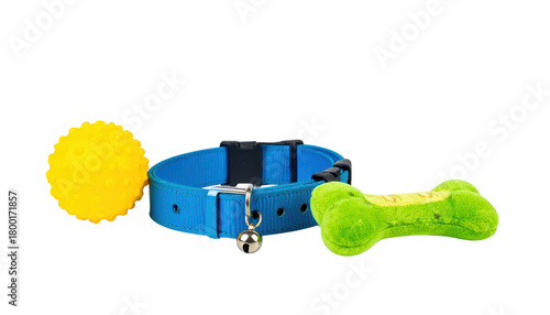 Pet collar and toys isolated on transparent background
