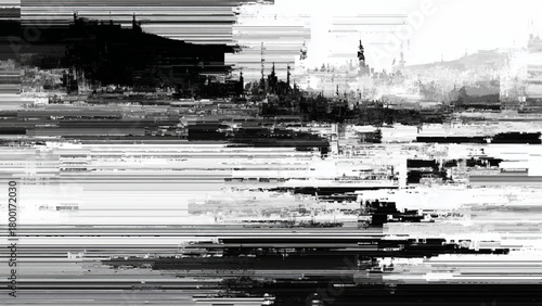 Abstract monochrome cityscape with distorted lines and blurred horizon effect