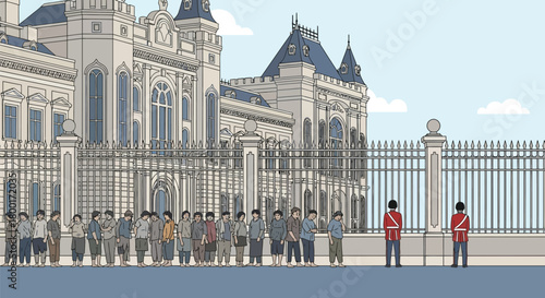 Cartoon illustration capturing social disparity near grand palace gates