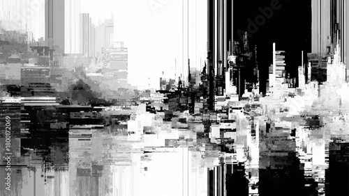 Abstract Monochrome Urban Landscape Representation with Pixelation and Digital Distortion Effects