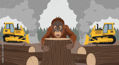 Devastation looming deforestation concept, orangutan desperately protects tree stump