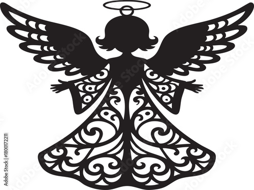 A detailed black silhouette of an angel with a halo, spread wings, and ornate decorative patterns on its lower body.