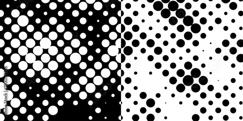 Abstract monochrome vector seamless grunge gradient distressed halftone difference type of dot pattern and texture, black and white dotted halftone texture with geometric abstract pop art design.