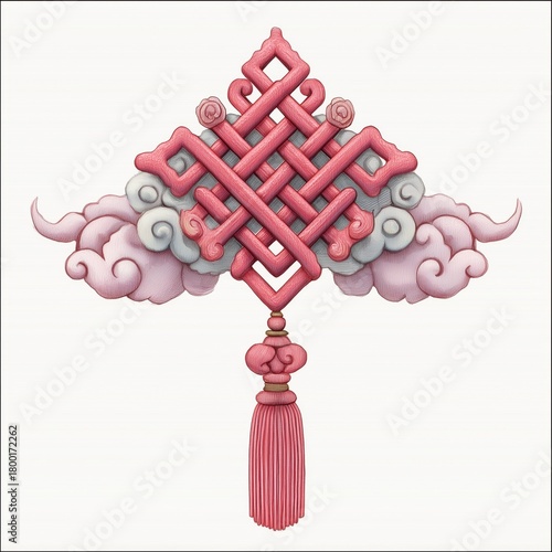 Decorative Pink Knot Design With Clouds and Tassel in Traditional Style
