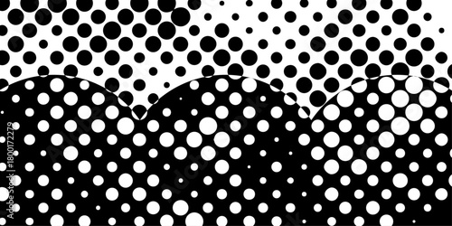Abstract monochrome vector seamless grunge gradient distressed halftone difference type of dot pattern and texture, black and white dotted halftone texture with geometric abstract pop art design.