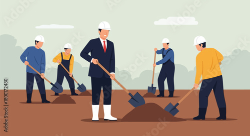 Groundbreaking ceremony with diverse workforce and distinguished manager