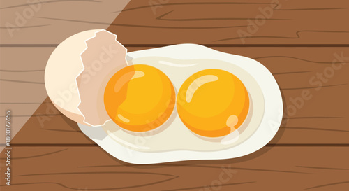 Cracked Double Yolk Egg on Rustic Wooden Background Flat Vector Design