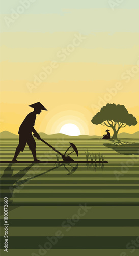 Silhouette of a farmer plowing a rice field at sunset, a peaceful rural scene