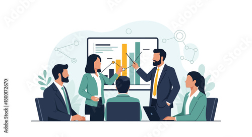 Business presentation with diverse professionals analyzing data trends