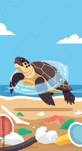 Sea turtle trapped in plastic litter on a beach reflecting pollution crisis