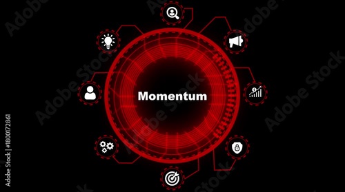 Futuristic Momentum Concept with Business Icons and Glowing Red H U D Elements on Black Background technology