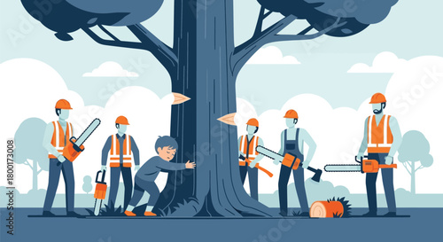 Illustration showing logging operations and impact on youth psychology