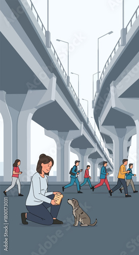 Urban Compassion: Woman Feeding Stray Dog Amidst City Commuters and Architecture