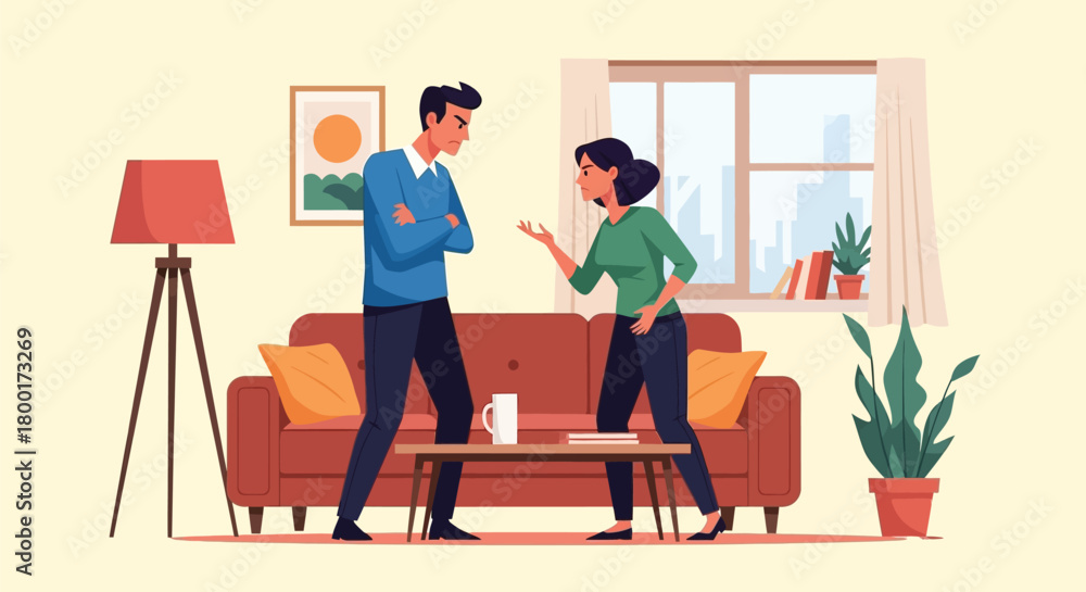 Fototapeta premium Couple in heated argument inside the house showcasing relationship problems