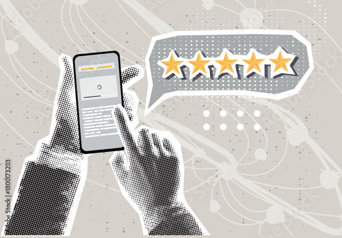 Halftone collage, Creative 5-star rating concept with a modern digital touch. online reviews, customer feedback, and brand reputation to enhance trust and engagement
