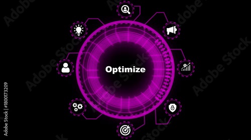 Digital optimization hub with glowing neon interface and icons for strategy growth security and marketing success