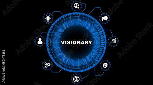 Visionary business strategy hub with icons for innovation growth marketing security and teamwork digital concept