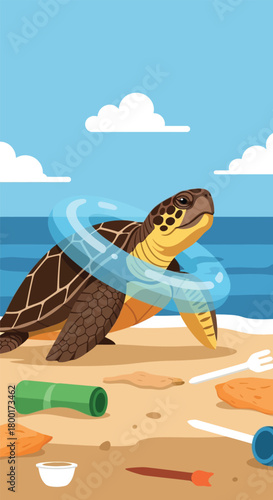 Sea turtle entangled in plastic pollution, posing a significant threat