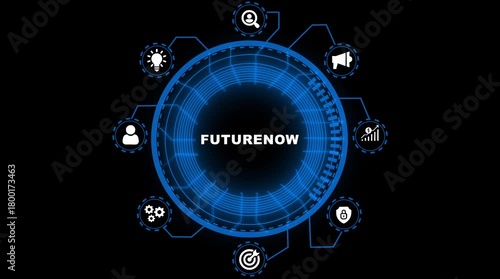 Futuristic Digital Hub with Icons representing Innovation Growth Marketing Security People and Target Future Technology Concept