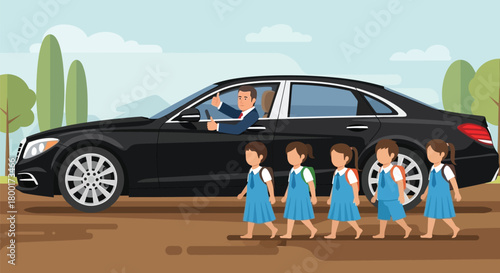 Driver giving thumbs up to students crossing in front of his car