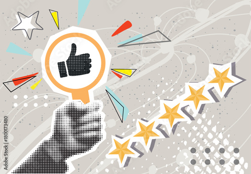 Halftone collage, Creative 5-star rating concept with a modern digital touch. online reviews, customer feedback, and brand reputation to enhance trust and engagement