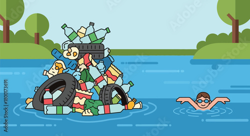 River pollution scene with plastic bottles tires and swimming person