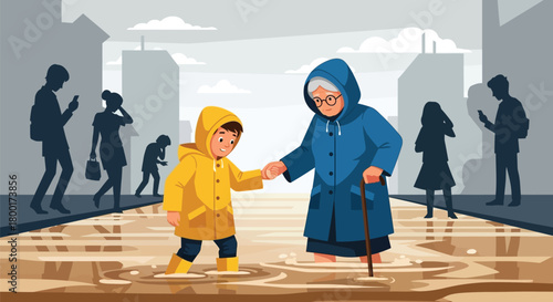 Cartoon illustration of a boy helping senior woman cross flooded street