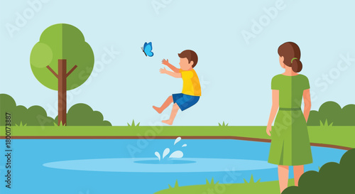 Joyful pursuit child after butterfly near lake with mother watching