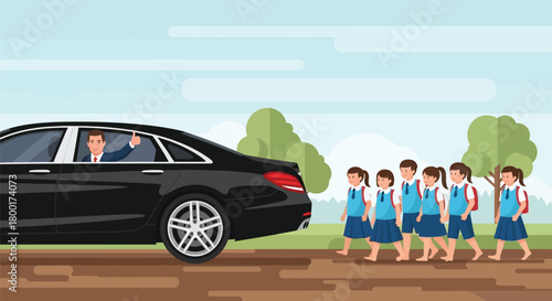 Car with driver gesturing thumbs up to children crossing the road safely