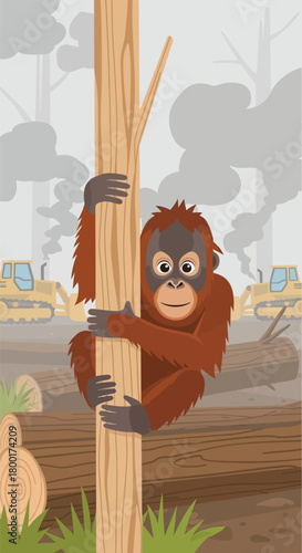 Distressed Orangutan clings to a tree in deforested area with heavy machinery