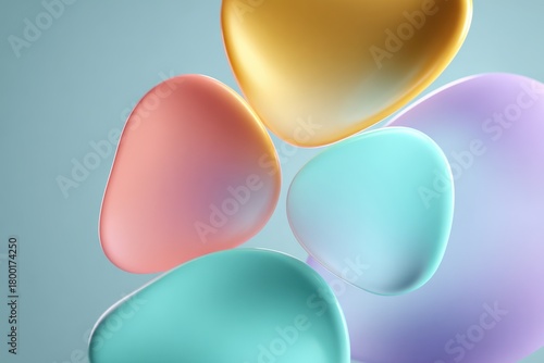 Abstract stone spheres: Soft, colorful spheres in a pastel palette are suspended against a minimalist backdrop. These smooth, fluid forms evoke a sense of calm and visual delight. 