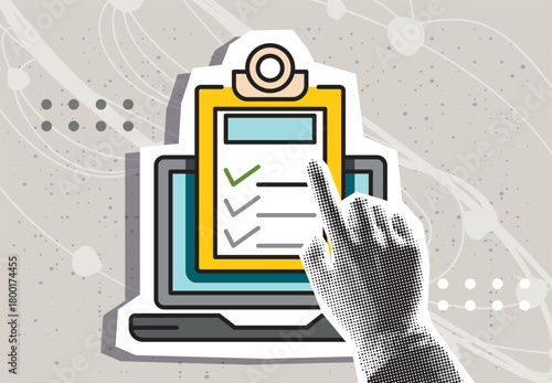 Trendy Halftone collage, with a checklist on a white sheet of paper. Hand pointing. Check list, to do. Document on screen laptop. Trendy modern retro illustration in mixed technique