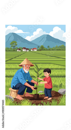 Intergenerational bonding: Grandfather and grandson planting tree together