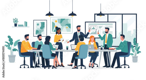 Collaborative business meeting for strategic planning and innovation brainstorming