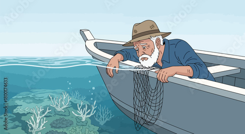 Distressed Fisherman Observes Coral Bleaching from his Small Boat at Sea