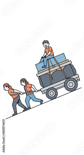 Illustration of collective effort in overcoming challenging transport situation