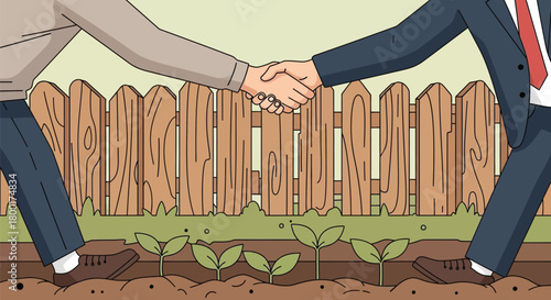 Businessmen shaking hands over a fence with plants growing at the bottom