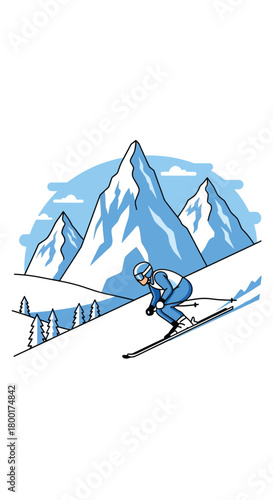Stylized downhill skiing illustration with mountain backdrop scenery view