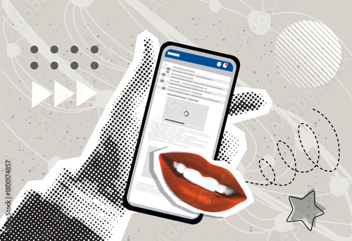 Trendy Halftone Collage Hand holding Phone with smiling Mouth. Social media promotion and communication. Online project and creative ideas. Conceptual surreal illustration. Contemporary art

