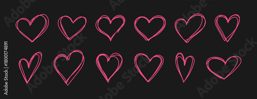 set of sketch pink hand draw heart, red doodle line icon heart, romance love elements for Valentine's Day, heart symbol design cards, poster, banner, pattern, advertisement